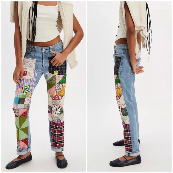 NWT Free People Riley Vintage Quilter's Friend Jeans - patchwork quilt blue - 29 - Picture 1 of 16